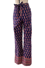 Fantastic 1970s Bill Blass Wrap & Tie Indian Cotton Pants w Red & Gold Print