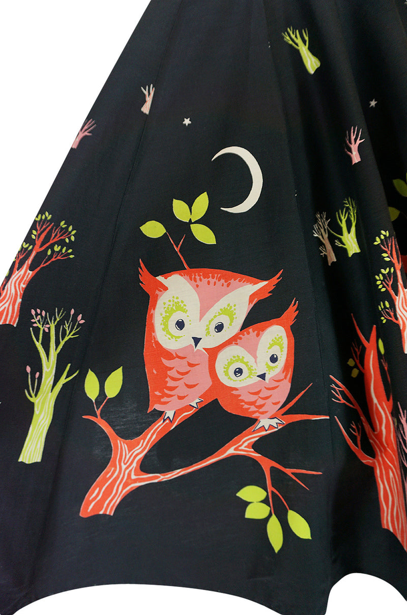 Wonderful 1950s Arts & Crafts Owl Print Cotton Circle Skirt