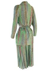 Rare 1973 Bill Gibb Museum Documented Metallic Green Lurex Skirt Top and Jacket Set