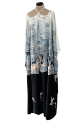 Spectacular 1970s Jean Varon Crane Print Jersey Caftan Dress w Hand Crocheted Collar