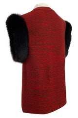 c1973 Yves Saint Laurent Deep Red Sleeveless Sweater Vest w Black Fox Trim & Pockets