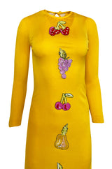 Early 1970s Bob Mackie Ray Aghayan Yellow Jersey Dress w Sequin Fruit