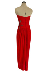 Prettiest 1970s Ruben Panis Side Beaded Red Jersey Dress w Convertible Straps