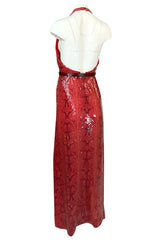 Documented 1974 Bill Blass Red Sequin Snakeskin Print Halter Dress