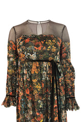 1960s Mignon Densely Embroidered on Brown Silk Chiffon Dress