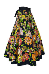 1960s Hand Painted Sequin Bright Floral Print Cotton Mexican Skirt