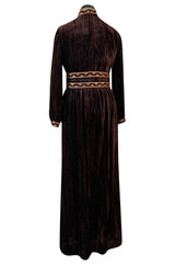 Late 1960s Oscar de la Renta Deep Brown Flat Velvet & Brocade Dress w Slit Sleeves & Lace Belt