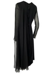 1970s George Stavropoulous Couture Black Silk Chiffon Caped Shoulder Dress