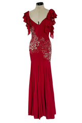 Incredible 2000s John Galliano Deep Red Bias Cut Dress w Silver Bead Detailing