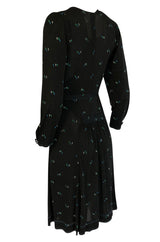 1970s Jean Muir Printed Jersey Dress w Incredible Art Deco Buttons