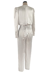 Amazing 1980s Flora Kung Pale Silver Satin Jumpsuit w Plunge Neckline & Tie Waist