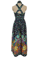 Prettiest Early 1970s Oscar de la Renta Floral Printed Halter Dress w Crossed Strap Open Back