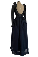 1972 Bill Blass Black Silk Taffeta Dress w Attached Silk Organza Skirt & Open Ruffled Back
