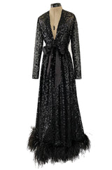 Fall 1974 Bill Blass Glossy Black Sequin & Silk Chiffon Dress w Feather Hem