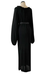 Gorgeous 1970s Givenchy Black Silk Crepe Jersey Dress w Gathered Neckline & Pouf Sleeves