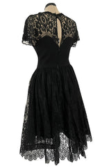 Gorgeous Late 1970s Pauline Trigere Black Wool Crepe Dress w Lace Skirt & Shoulders