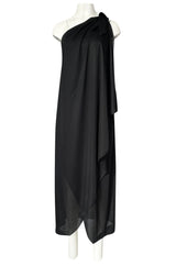 1970s Unlabeled One Shoulder Black Lightweight Jersey Nylon Dress