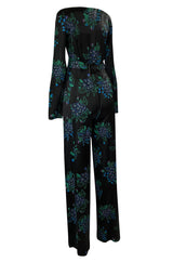 c. 1974 Ossie Clark Celia 'One Step Two Step' Celia Birtwell Print Black Jumpsuit