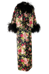 Gorgeous 1950s Fused Chenille Flowers on Silk Dress w Ostrich Feather Trim Jacket