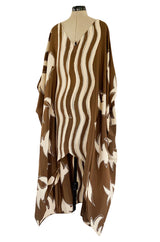 1980s Bill Blass Wavy Stripe & Abstract Print Pattern Soft Brown & Creamy Taupe Silk Caftan Dress