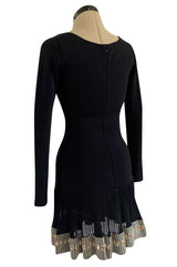 Early 1990s Azzedine Alaia Black Knit Couture Dress w Beaded Hem & Hand Placed Mirrors