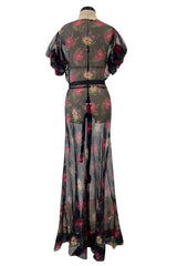 Prettiest 1930s Bias Cut Transparent Floral Print Silk Crepe Chiffon Dress w Capped Sleeves