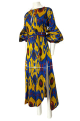 Recent Zazi Handmade Vintage Ikat Silk Blue & Gold Caftan Dress