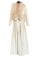 Incredible 1970s Mollie Parnis Ivory Silk Moire Halter Dress w Matching Feather Trim Jacket