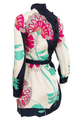 1960s Jean Patou Couture Signed Scarf Print Silk Twill Mini Dress