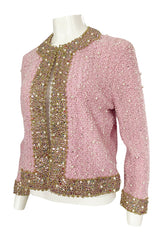 Stunning 1970s Adolfo Pale Pink Beaded Pearl, Rhinestone & Gold Jacket