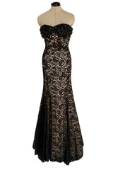 Gorgeous 1990s Isaac Mizrahi Couture Strapless Nude & Black Lace Dress w Beaded Bodice