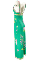 1970s Leonard Paris Green Floral Print Silk Jersey Halter Dress