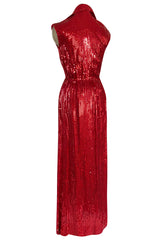 Iconic 1970s Halston Couture Glossy Red Sequin Full Length Wrap Dress w Plunge Front