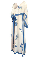c.1974 Karl Lagerfeld for Chloe Blue Floral Print Silk Print Dress & Capelet