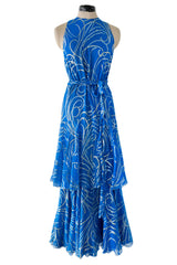 Extraordinary Fall 1979 Christian Dior by Marc Bohan Blue Silk Dress w Metallic Gold & Silver Detail