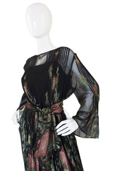 1970s Silk Chiffon Metallic Trigere Dress