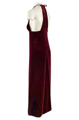 1970s Deep Front Plunge & Racer Back Halter Dress in a Jewel Toned Burgundy Silk Velvet