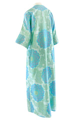 Gorgeous 1970s Pierre Balmain Soft Green and Blue Printed Thai Silk Caftan Dress or Evening Coat