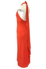 1970s Frank Usher Gathered Halter Backless Coral Jersey Dress