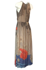 1970s Hanae Mori Sunrise & Large Floral Print Silk Chiffon Halter Dress