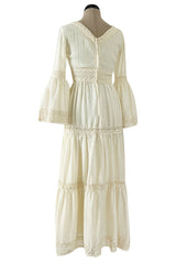 Bohemian 1970s Victor Costa Mexican Wedding Dress Feel Ivory Cotton & Lace Dress