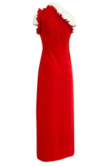 Documented 1981 James Galanos One Shoulder Red Silk Dress w Trapunto Quilting Detail