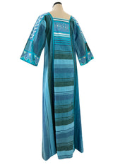 1960s Josefa Hand Made Ocean Blue Caftan Dress w Embroidery & Ribbon Details