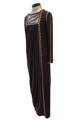 Museum Held 1970s Bill Gibb Deep Brown Liquid Jersey Dress w Metal Buttons & Extensive Beading