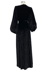 Fall 1986 Yves Saint Laurent Runway Black Patterned Velvet Dress w Sweetheart Neckline