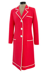 1980s Valentino Textured Wool Long Cut Jacket & Skirt Set in a Vivid Coral w Cream Trim