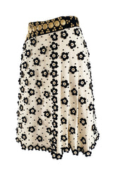 Extraordinary 1970s Adolfo Ivory Felt Wrap Skirt w Gold Filigree Studs & 3D Flower Detailing