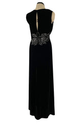 Rare 1920s 1930s Unlabeled Silk Velvet Dress w Rhinestones & Matching Open Shoulder Jacket
