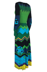 1970s Louis Feraud Turquoise & Green Printed Jersey Maxi Dress