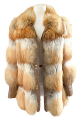 1970s Natural Red Fox Fur & Leather Coat w Brass Turnkey Closures